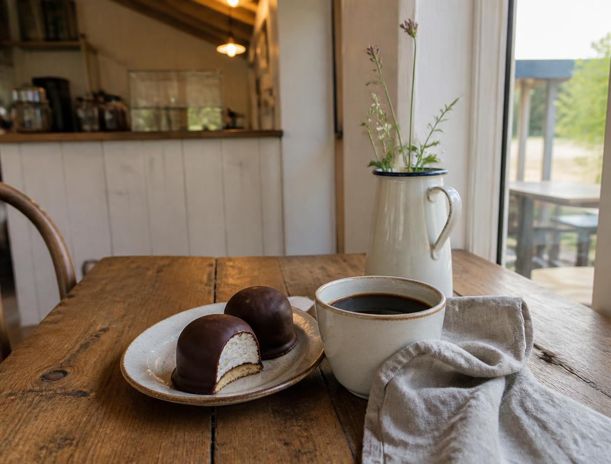 Kop kaffe og hjemmelavede flødeboller på et træbord i caféen