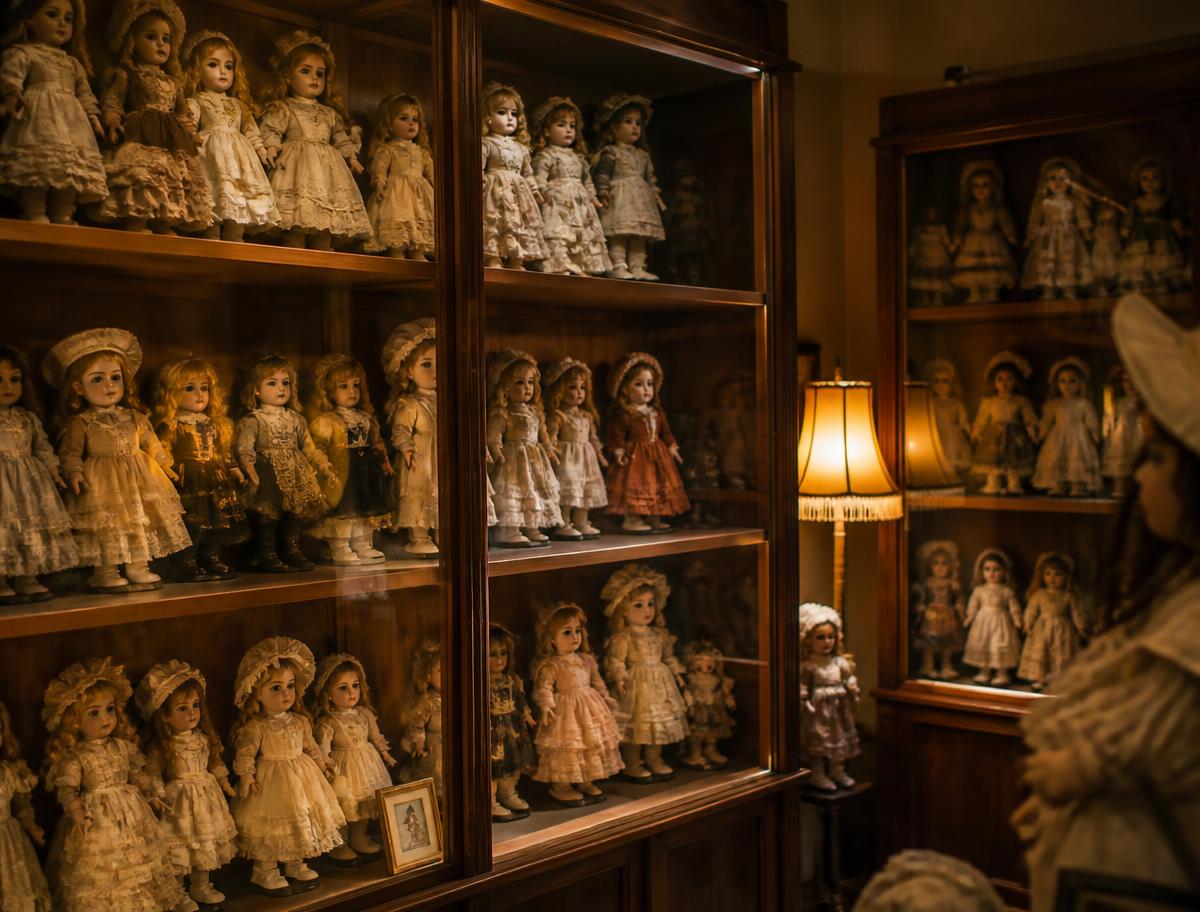 Dukkesamling med antikke porcelænsdukker i oplyste trævitriner